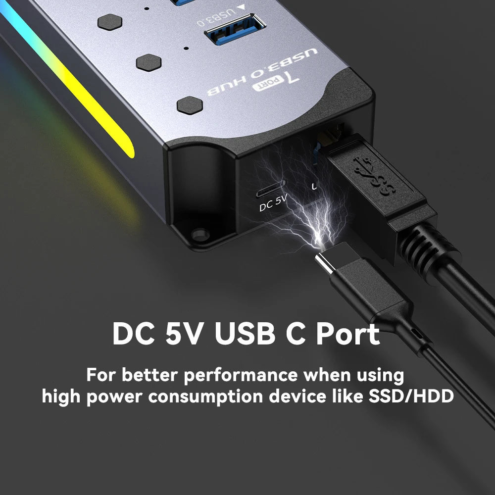 RGB 7-Port USB 3.0 Hub With Individual Power Switches