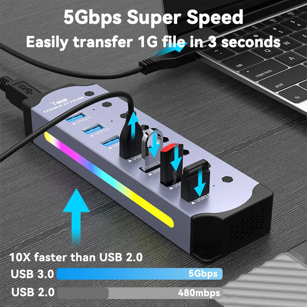 RGB 7-Port USB 3.0 Hub With Individual Power Switches