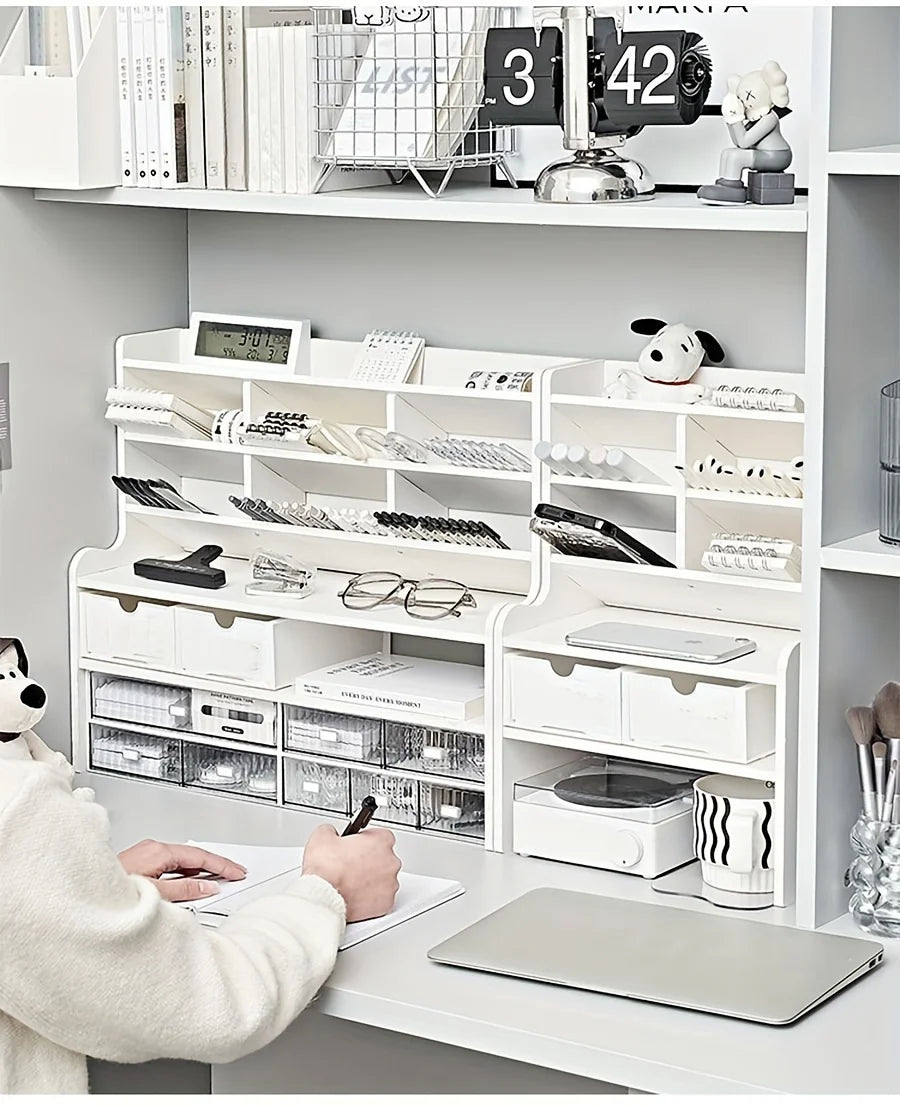 2-Tier Desk Organizer With Drawer and Tilt Pen Holder