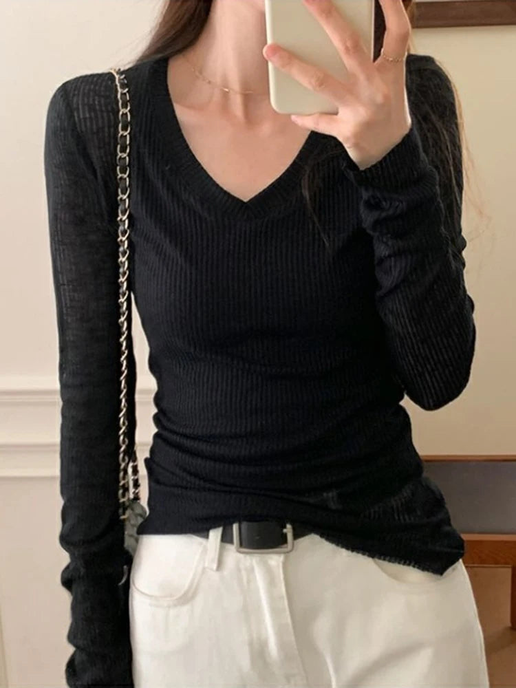 Women’s Sheer Long Sleeve V‑Neck Slim Fit Summer Tee
