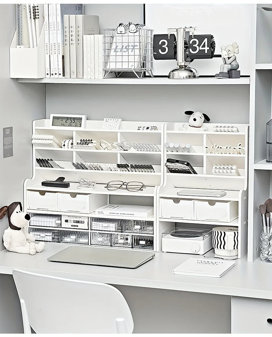 2-Tier Desk Organizer With Drawer and Tilt Pen Holder