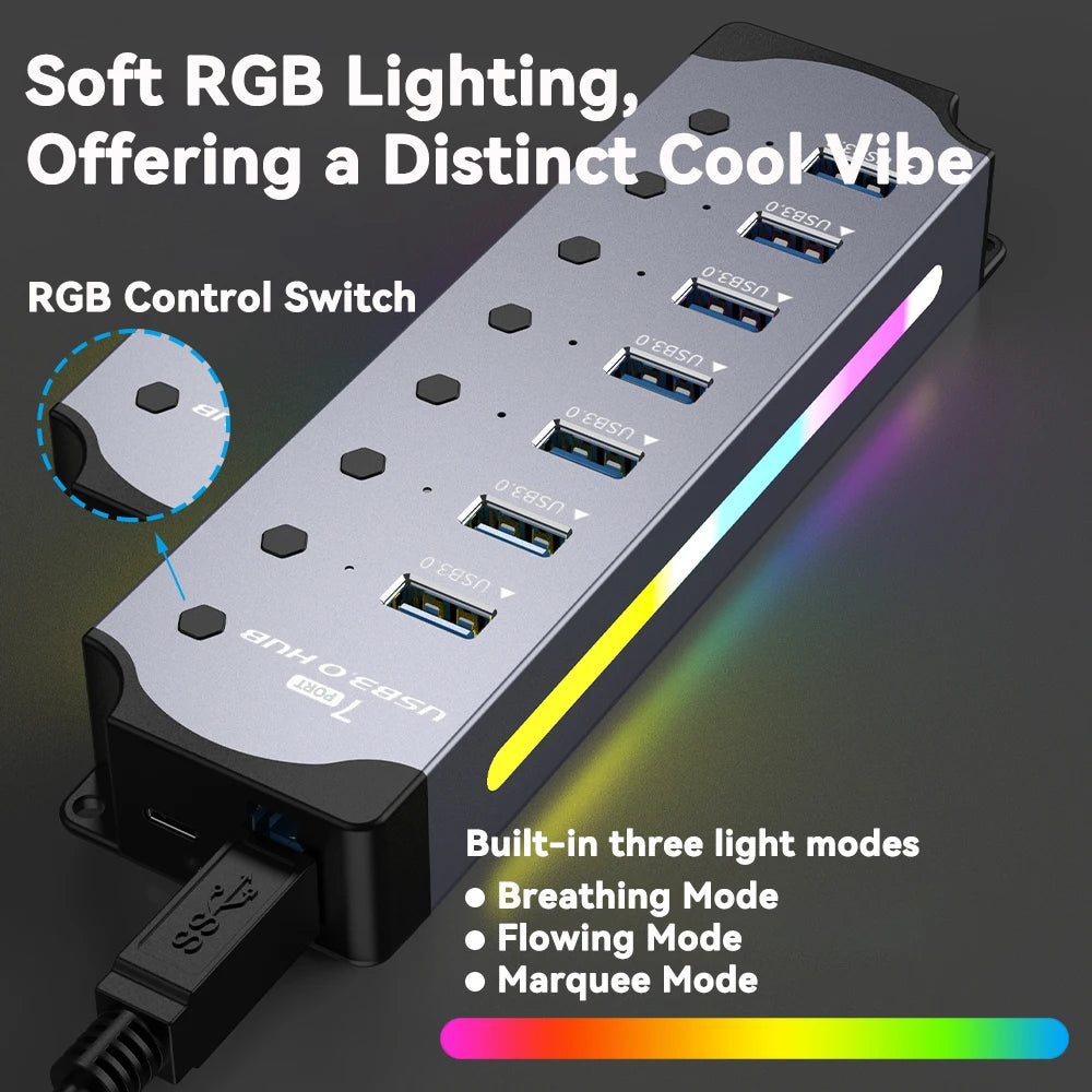 RGB 7-Port USB 3.0 Hub With Individual Power Switches