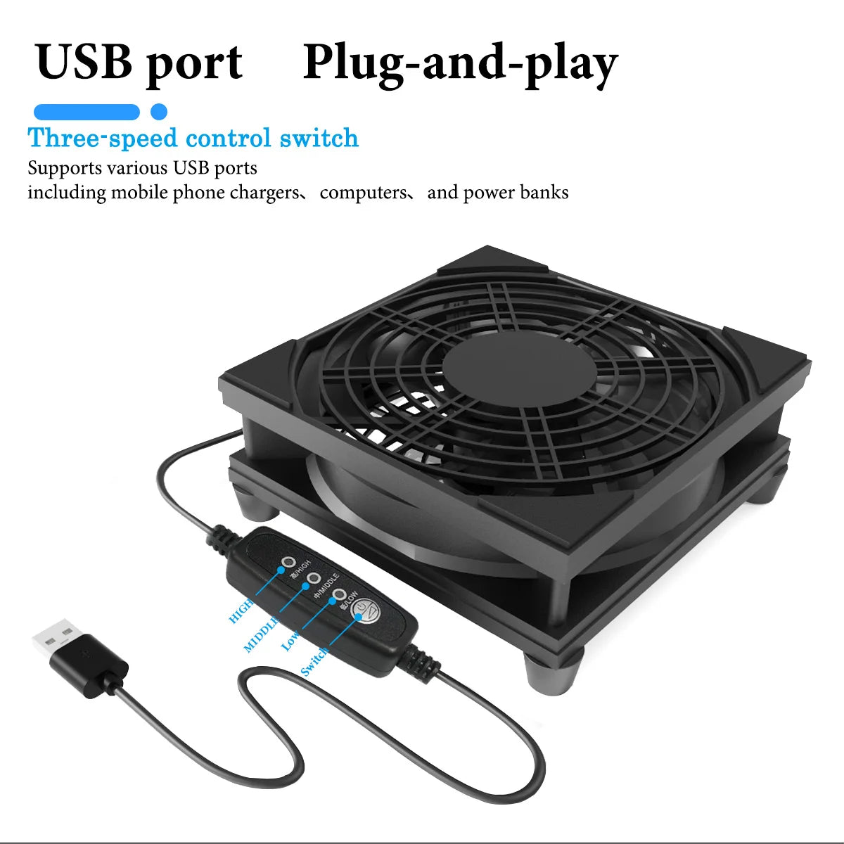 USB Desk Fan with 3-Speed Silent Cooling and Controller