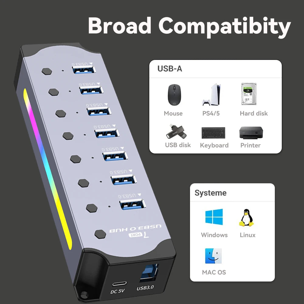RGB 7-Port USB 3.0 Hub With Individual Power Switches