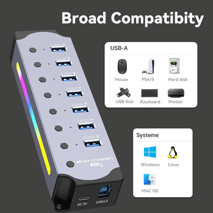 RGB 7-Port USB 3.0 Hub With Individual Power Switches
