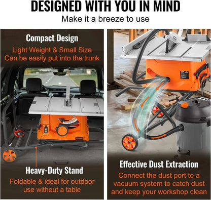 10-Inch Jobsite Table Saw with Stand – 15-Amp, 5000 RPM