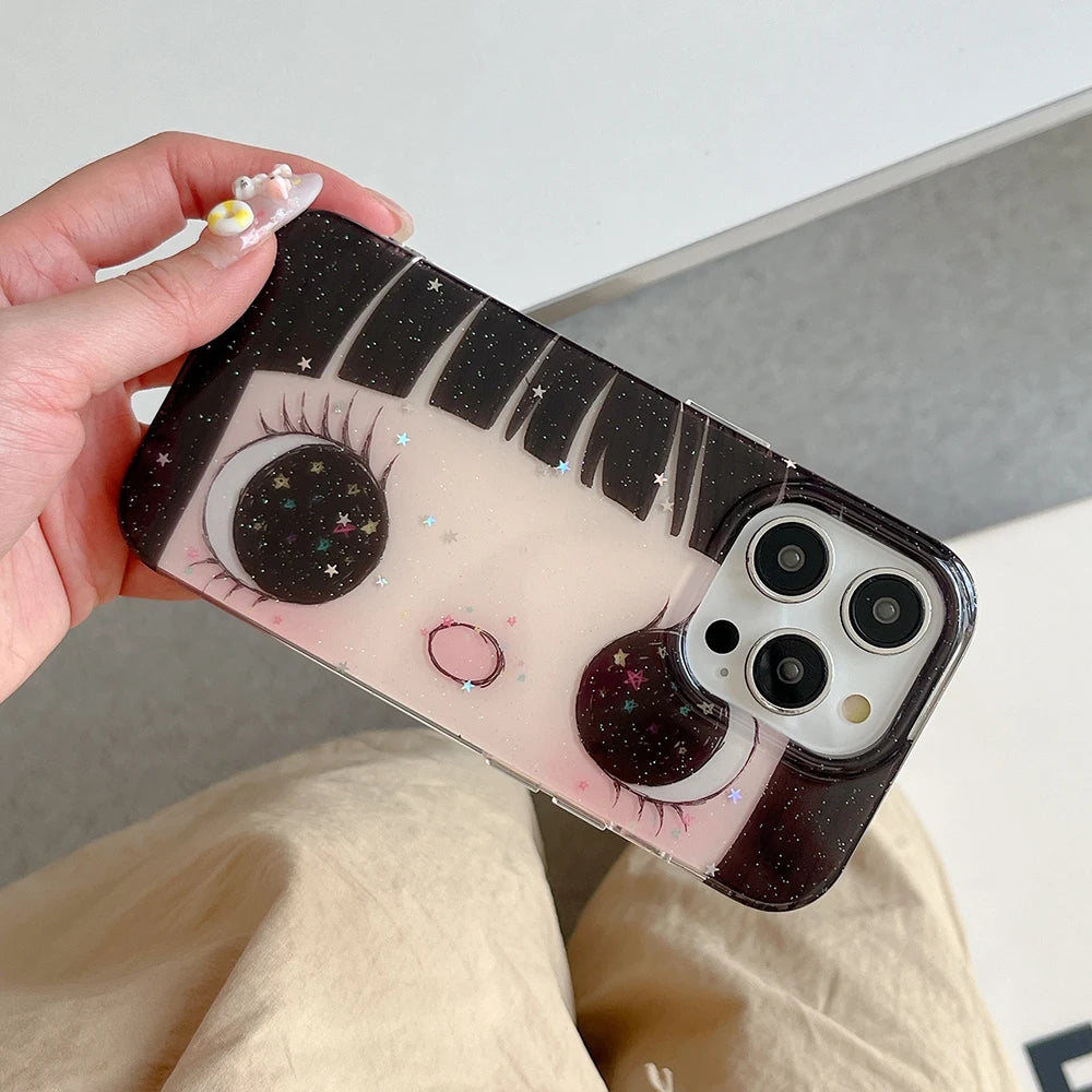 Cartoon Anime Shinning Eyes Cute Phone Case for IPhone 17 16 15 14 13 Pro Max Girl Glittering