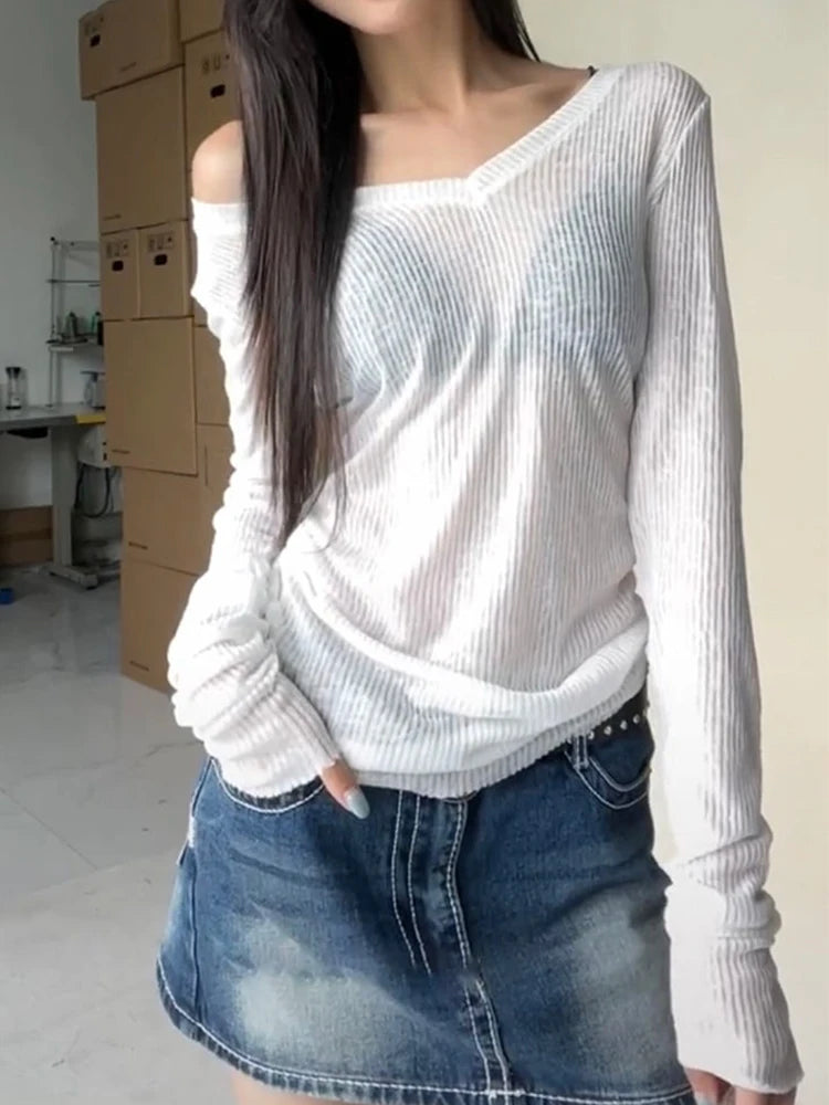 Women’s Sheer Long Sleeve V‑Neck Slim Fit Summer Tee