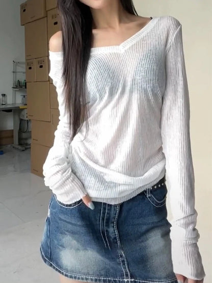 Women’s Sheer Long Sleeve V‑Neck Slim Fit Summer Tee