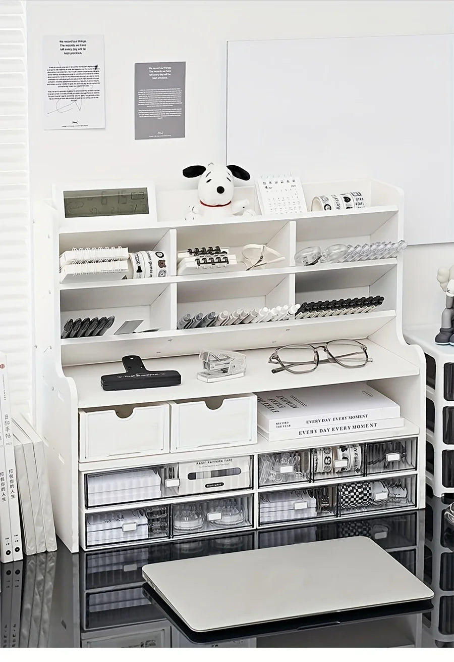 2-Tier Desk Organizer With Drawer and Tilt Pen Holder
