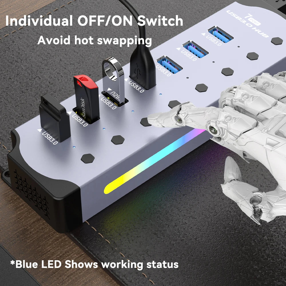 RGB 7-Port USB 3.0 Hub With Individual Power Switches